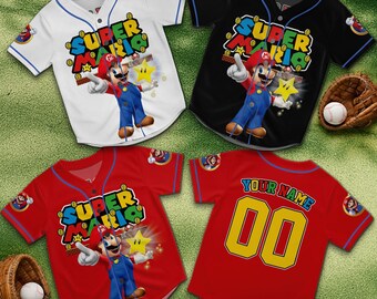Personalized Mario Baseball Jersey, Super Mario Button Shirt, Custom Name Number, Kids Birthday Outfit, Gamer Gift