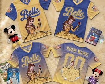 Personalized Belle Football Jersey, Custom Name Princess Shirt, Kids Birthday Outfit, Disney Princess Family Gift