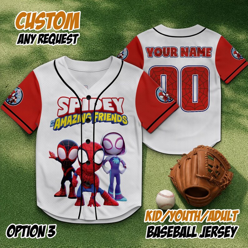 Custom Spidey and His Amazing Friends Baseball Jersey, Personalized Spider-Man Team Shirt, Kids Birthday Outfit, Disney Family Matching Option 3