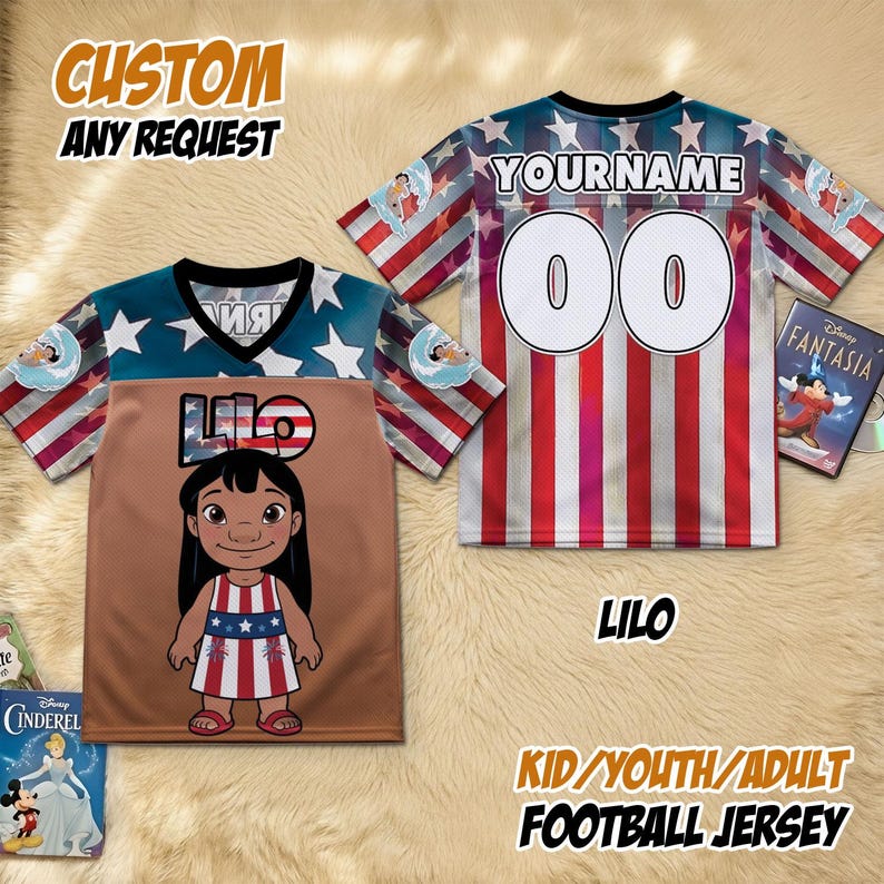 May include: Two custom football jerseys. One features a brown front with a cartoon of Lilo, the text "LILO", and a red, white, and blue design. The other jersey has a red and white striped design with the text "YOURNAME" and the number "00". The jerseys have a blue and white star pattern on the shoulders.