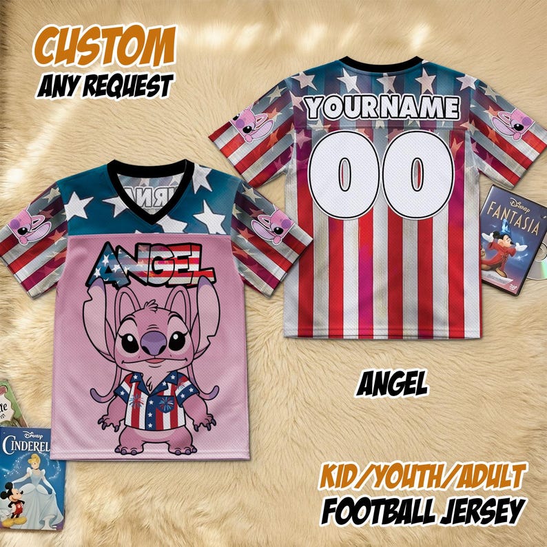 May include: Custom football jersey with a pink and blue design featuring the character Angel. The jersey has the text "ANGEL" and "YOURNAME" with the number "00". The sleeves have a red, white, and blue striped pattern. The text "CUSTOM ANY REQUEST" and "KID/YOUTH/ADULT FOOTBALL JERSEY" are also visible.