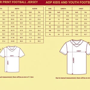 May include: Size charts for football jerseys and youth jerseys, with measurements in inches and cm. Charts detail length, width, and sleeve dimensions. Diagrams show jersey measurements, with text indicating 'length', 'width', 'chest', and 'sleeve'.