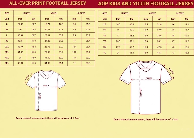 May include: Size charts for football jerseys and youth jerseys, with measurements in inches and cm. Charts detail length, width, and sleeve dimensions. Diagrams show jersey measurements, with text indicating 'length', 'width', 'chest', and 'sleeve'.