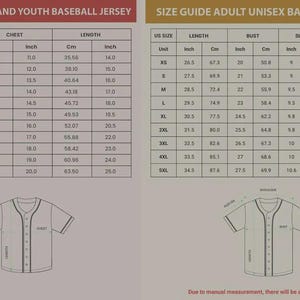May include: Size guides for kids, youth, and adult unisex baseball jerseys. The guides show measurements in inches and centimeters for chest, length, bust, sleeve, and shoulder. Includes jersey diagrams.