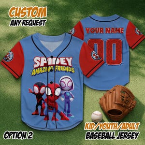 Custom Spidey and His Amazing Friends Baseball Jersey, Personalized Spider-Man Team Shirt, Kids Birthday Outfit, Disney Family Matching Option 2
