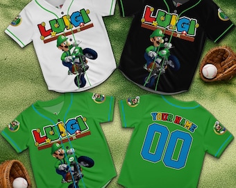 Personalized Luigi Baseball Jersey, Super Mario Bros Button Shirt, Custom Name Number, Kids Birthday Outfit, Gamer Gift