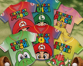 Super Mario Birthday Baseball Jersey Custom Name, Birthday Boy Girl Mario Shirt, Mario Birthday Squad Family Matching Party Jersey