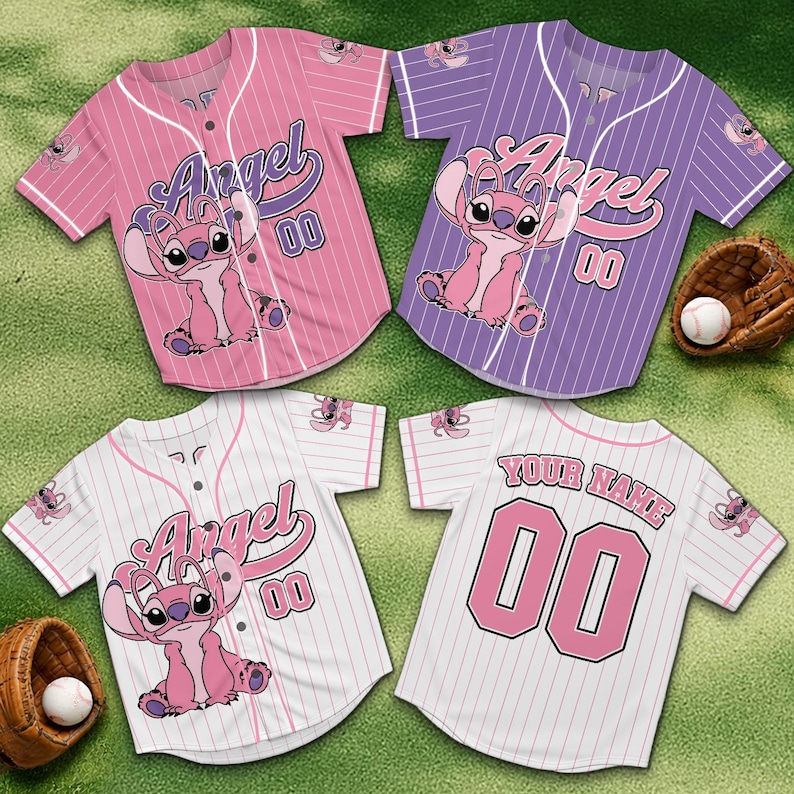 May include: Four baseball jerseys in pink, purple, and white with pinstripes. Each jersey features the character Angel, the number 00, and the word "Angel". Two baseball gloves and two baseballs are also visible.