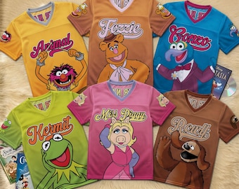 Personalized Muppets Team Football Jersey, Kermit Miss Piggy Fozzie Gonzo Animal Rowlf Squad Shirt, Custom Name Number Jersey Gift