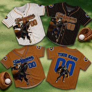 May include: Four baseball jerseys with the text "Taskmaster" and the number "00". The jerseys are white, black, and brown with vertical stripes. Each jersey features a graphic of a character. A baseball and glove are also visible.