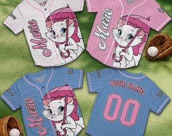 Marie Cat Custom Baseball Jersey, Cute Pink Kitten Shirt, Disney Aristocats Inspired Gift, Personalized Name Jersey