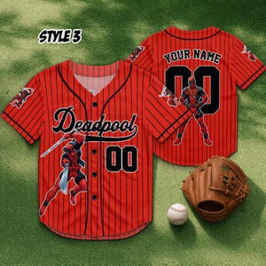 May include: Red baseball jersey with black pinstripes, featuring the word "Deadpool" in black script and the number "00". The jersey has a Deadpool graphic and the text "YOUR NAME" on the back. A baseball glove and ball are also visible.