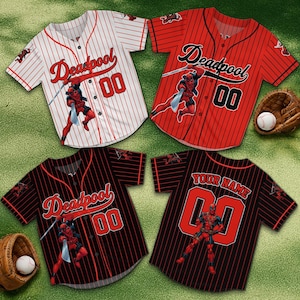 May include: Four baseball jerseys with the Deadpool character design. The jerseys are red, black, and white with pinstripes. Each jersey has the number "00" and the word "Deadpool" on the front. One jersey has "Your Name" on the back.