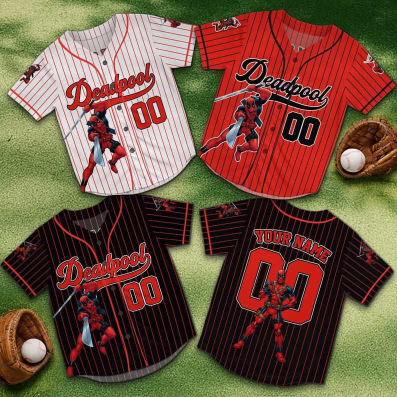 May include: Four baseball jerseys with the Deadpool character design. The jerseys are red, black, and white with pinstripes. Each jersey has the number "00" and the word "Deadpool" on the front. One jersey has "Your Name" on the back.