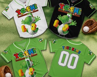Personalized Yoshi Baseball Jersey, Mario Dinosaur Button Shirt, Custom Name Number, Kids Birthday Outfit