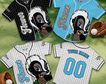 Flower Skunk Custom Baseball Jersey, Cute Animal Cartoon Shirt, Disney Inspired Gift, Personalized Name Jersey