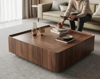 Modern Walnut Square Coffee Table with Storage | Japandi Minimalist Living Room Furniture