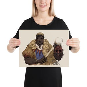 May include: A rectangular art print featuring a digital illustration of a dark-skinned figure wearing a tan, fur-collared garment with blue accents and a headpiece. The figure holds a wooden staff topped with a severed, bearded, red-toned head.