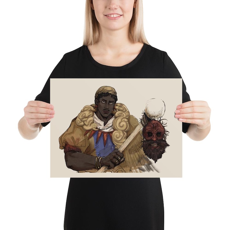 May include: A rectangular art print featuring a digital illustration of a dark-skinned figure wearing a tan, fur-collared garment with blue accents and a headpiece. The figure holds a wooden staff topped with a severed, bearded, red-toned head.