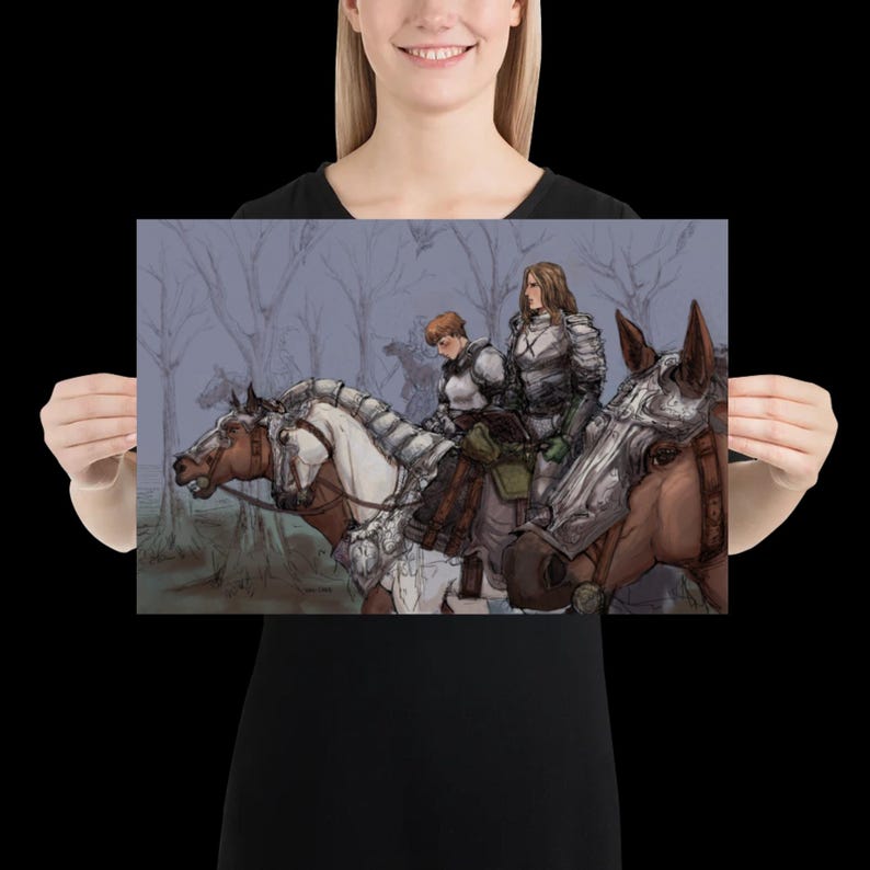 May include: A digital illustration print depicting two armored figures riding horses through a sparse, muted forest. The riders wear metallic plate armor, and the horses are adorned with ornate, detailed headpieces and saddles in shades of brown.