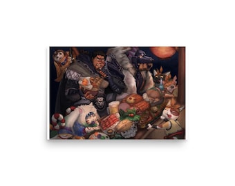 Monster Hunter Feast Art Print, Fantasy Cat Companions Matte Poster, (12x18 Wall Art)