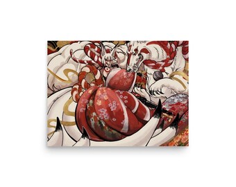 Kitsune Art Print, Japanese Fox Spirit Illustration, Folklore Yokai Anime Poster (12x16 Matte)