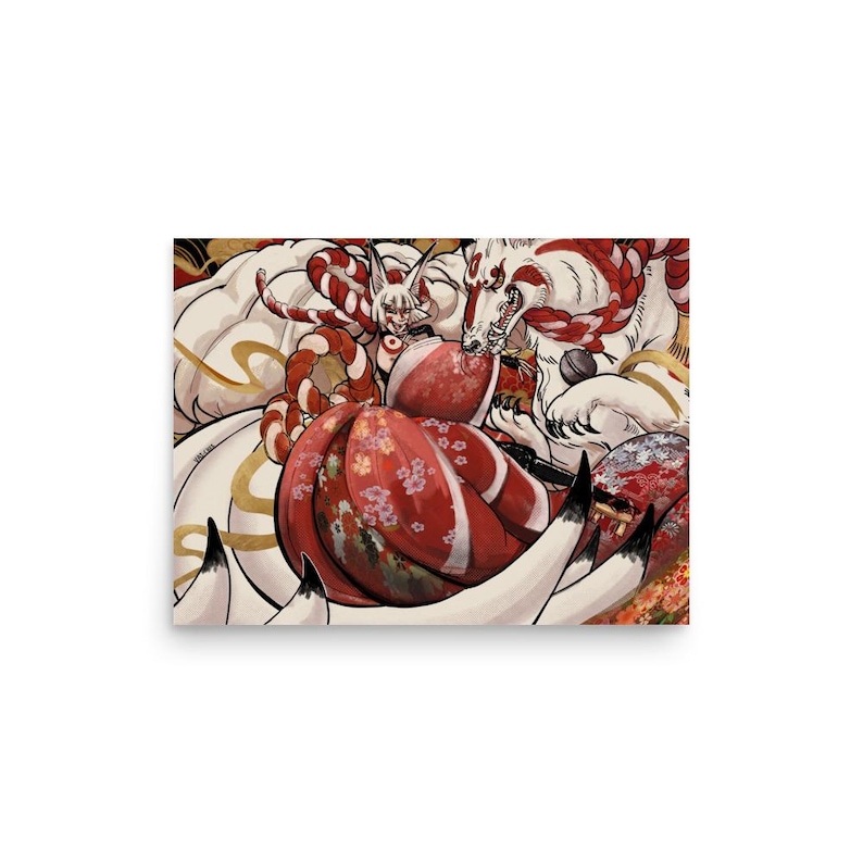 The Kitsune Art Print, Original Fox Spirit Illustration, Japanese Folklore Wall Art, 12x16 Matte Poster, Red White Yokai Anime Art