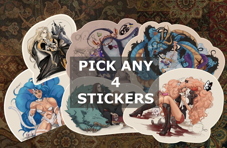 May include: A collection of five die-cut vinyl stickers featuring various anime-style character illustrations, including a long-haired figure, a blue-haired cat-like character, a dark-haired figure with a wolf, and a pink-haired character with a bear.
