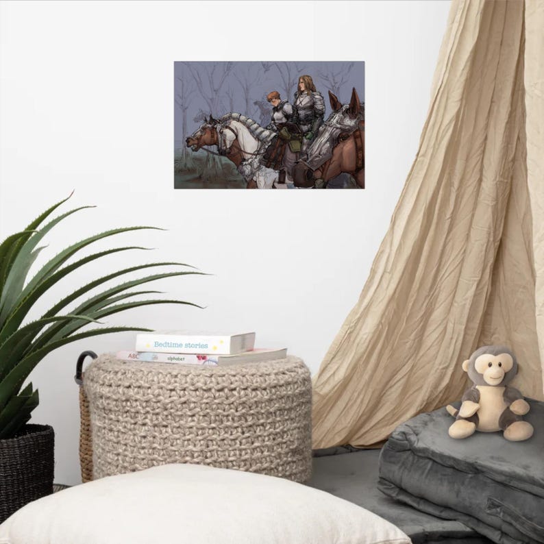 May include: A rectangular wall art print featuring a digital illustration of two armored figures riding horses through a misty, muted forest. The figures wear detailed metal plate armor and are mounted on brown and white horses in a dark, cool-toned setting.
