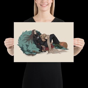 May include: A rectangular art print featuring a digital illustration of two figures resting against a large, teal-furred wolf creature. One figure has long dark hair and black clothing, while the other has long blonde hair and is reclining on a red cushion.