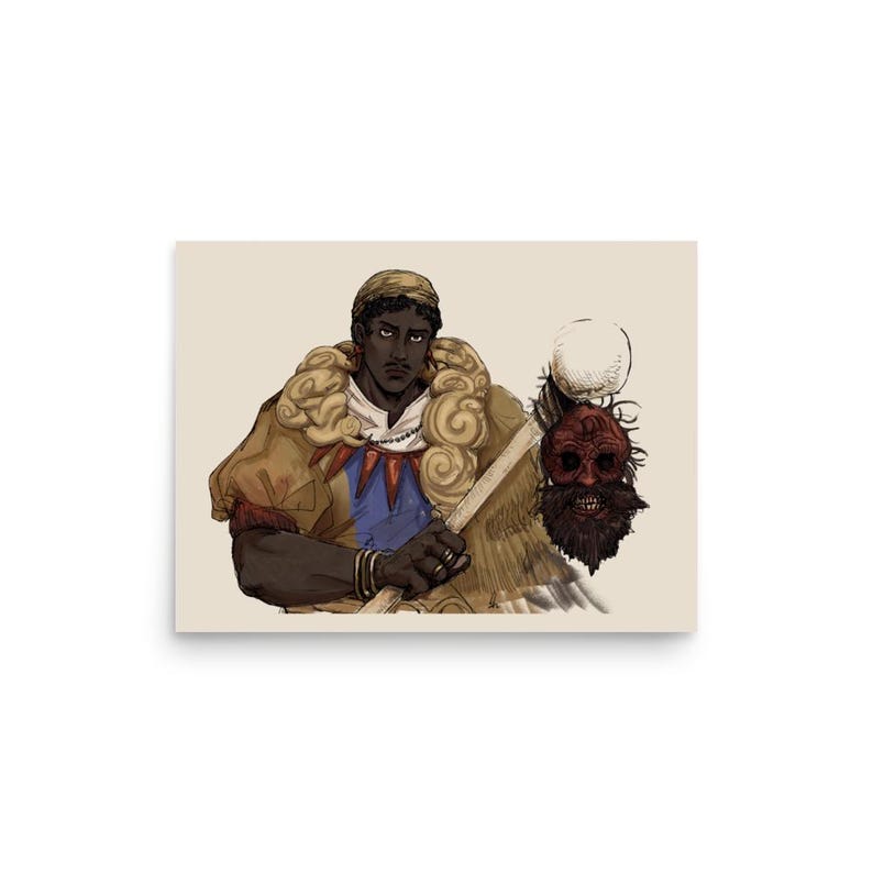 May include: A digital illustration of a dark-skinned figure wearing a tan garment with a white collar and blue accents, adorned with a light-colored fur-like collar. The figure holds a staff topped with a skull featuring a dark beard and red skin.