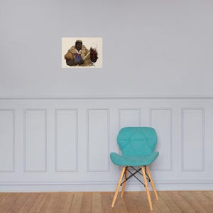 May include: A rectangular art print featuring a digital illustration of a person with dark skin and curly hair, wearing a tan garment with a blue collar, holding a wooden staff, and standing next to a dark, textured, spherical object.