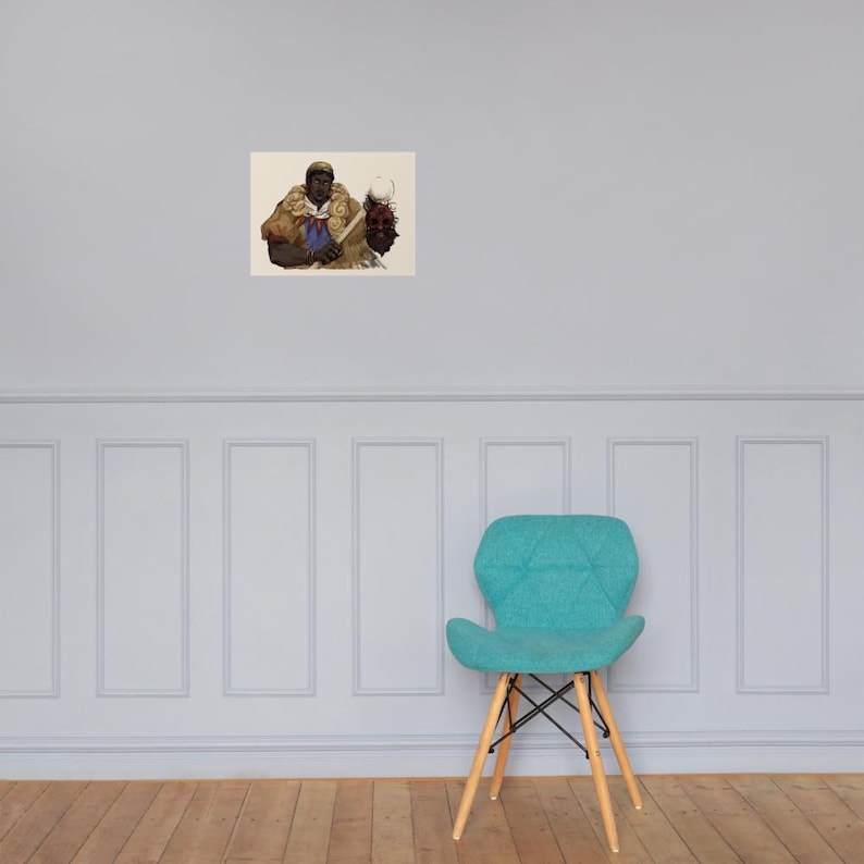 May include: A rectangular art print featuring a digital illustration of a person with dark skin and curly hair, wearing a tan garment with a blue collar, holding a wooden staff, and standing next to a dark, textured, spherical object.