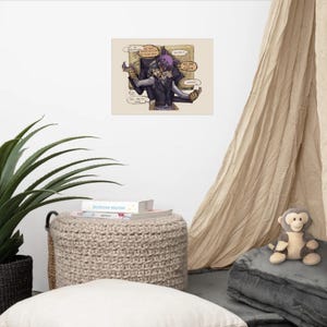 May include: A rectangular art print featuring a stylized illustration of a purple-furred creature with pointed ears embracing a person in a dark vest. The background shows an open book with text bubbles containing dialogue in English.