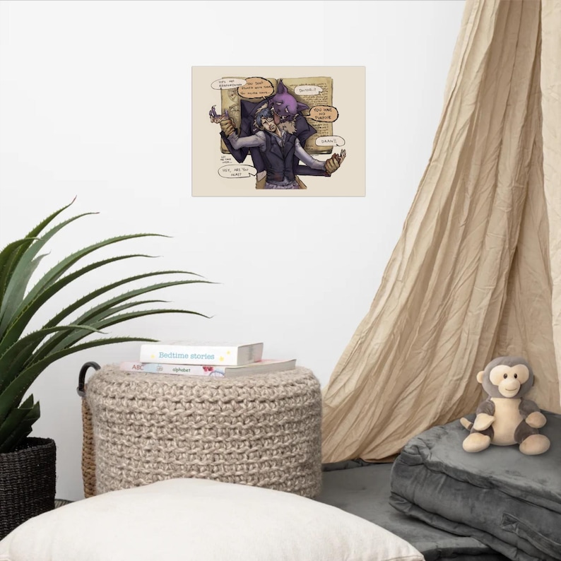 May include: A rectangular art print featuring a stylized illustration of a purple-furred creature with pointed ears embracing a person in a dark vest. The background shows an open book with text bubbles containing dialogue in English.