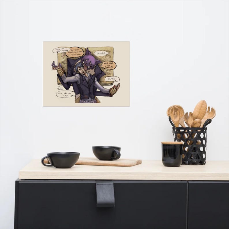 May include: A rectangular art print featuring a digital illustration of a person in a dark vest being embraced by a purple, wolf-like creature. The background shows an open book with handwritten text, including phrases like You have no purpose.