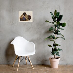 May include: A rectangular wall art print featuring a digital illustration of a dark-skinned figure wearing a tan fur-lined cloak over a blue garment, holding a wooden staff topped with a dark, textured sphere and a smaller white orb.