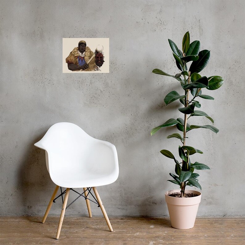 May include: A rectangular wall art print featuring a digital illustration of a dark-skinned figure wearing a tan fur-lined cloak over a blue garment, holding a wooden staff topped with a dark, textured sphere and a smaller white orb.