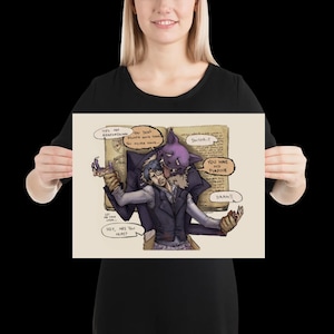 May include: A rectangular art print featuring a dark illustration of a person in a vest being embraced by a purple, multi-eyed creature. The scene includes speech bubbles with text such as "You have no purpose," "Doctor?," and "Daan!!" against a book background.