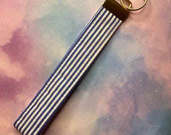 Blue Stripe Wristlet Keychain | Nautical Coastal Fabric Lanyard