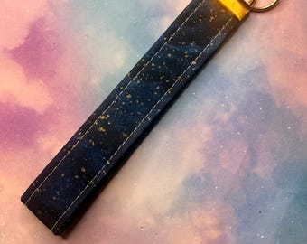 Celestial Wristlet Keychain | Navy Gold Speckle Starry Night Fabric Lanyard
