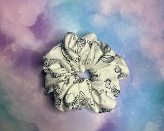 Handmade Butterfly Print Scrunchie | Cream Fabric Hair Tie, Gentle Elastic Holder