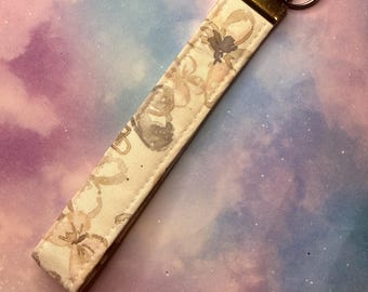 Neutral Butterfly Floral Wristlet Keychain | Cottagecore Key Fob | Antique Brass Hardware