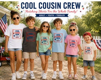 Magliette da festa per cugini, magliette coordinate per riunioni di famiglia, magliette patriottiche retrò per cugini, magliette per vacanze per bambini e adulti, abbigliamento per feste estive