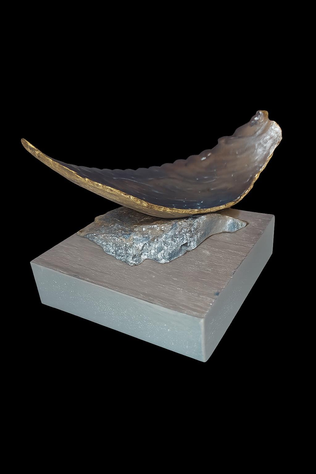 Hand-painted Shell Crescent Sculpture With Butterfly, Gold Edges, Stone ...