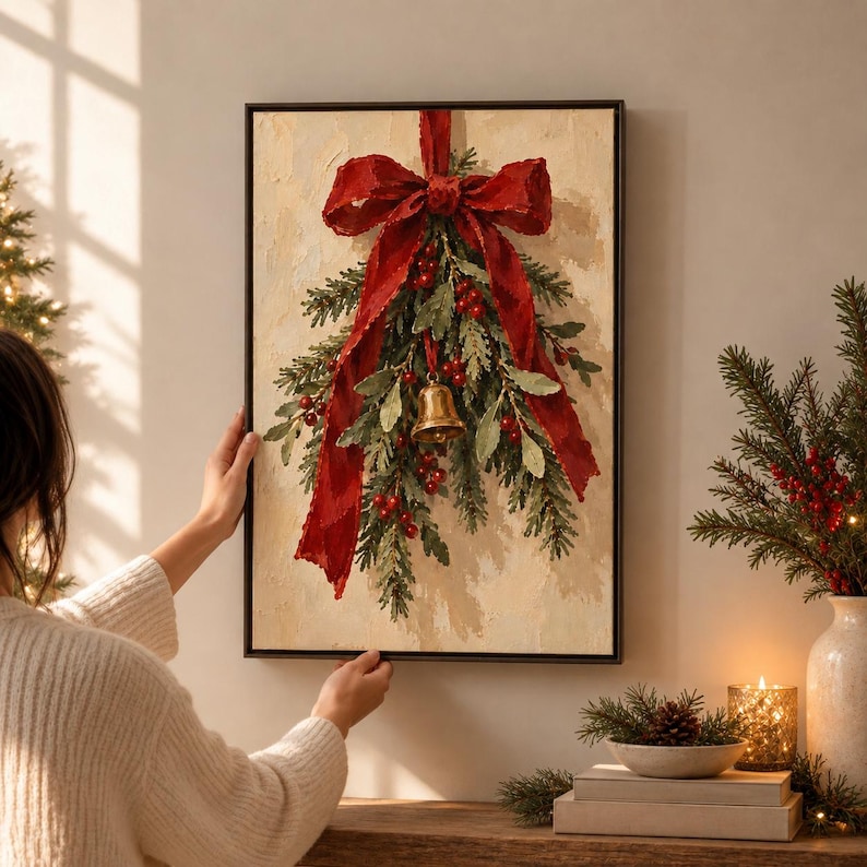 Christmas Greenery With Red Bow Canvas, Gold Bell and Red Berries Print ...