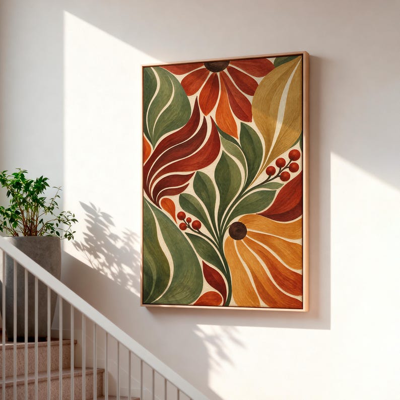 Abstract Wall Art, Retro Floral Print, Mid Century Botanical Art ...