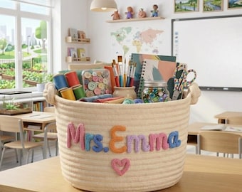 Regalo personalizado de agradecimiento para profesores, cesta personalizada para profesores, caja de almacenamiento con cuerda y nombre personalizado, para el aula, regalo de fin de año para la Sra.