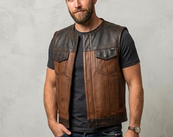 Men's Genuine Sheepskin Leather Biker Vest – Slim Fit Dual Tone Moto Waistcoat