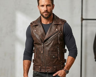 Chaleco de motociclista de piel de oveja auténtica para hombre / estilo motero con múltiples bolsillos y cremallera